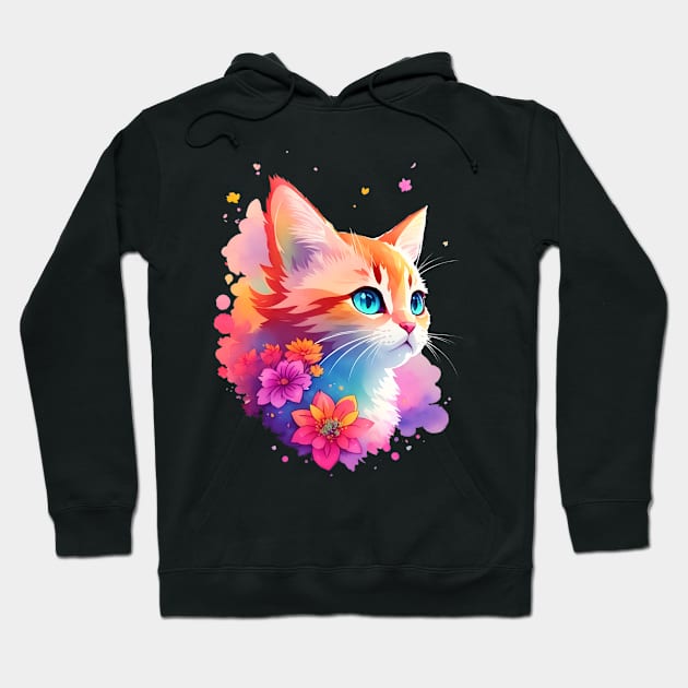 Colorful Watercolor Cute Cat Hoodie by PlayfulPrints